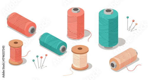 Colorful sewing spools and pins in isometric style on white background