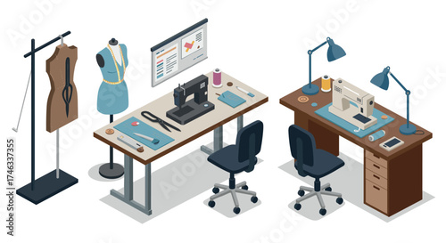 Isometric fashion design workspace with sewing tools and dress form mannequin
