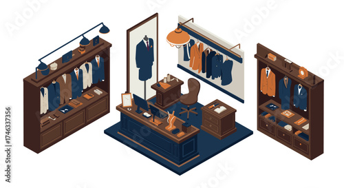 Elegant isometric tailor shop with suits, desks, and shelves