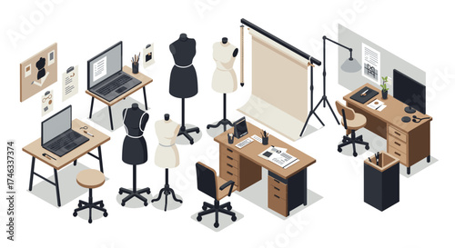 Contemporary office workspace with sewing mannequins and equipment in isometric style