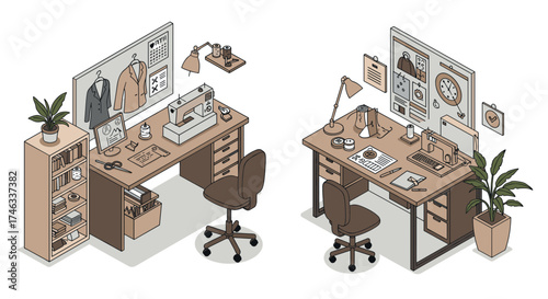 Cozy dual workspaces with vintage sewing and modern tech in isometric style