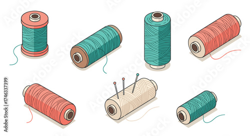 Colorful yarn spools and sewing supplies in hand-drawn style