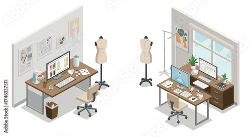 Modern fashion design workspace in isometric style with mannequins and computers