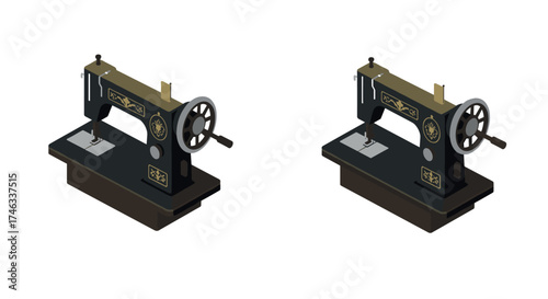 Vintage sewing machine isometric design for craft and fashion projects