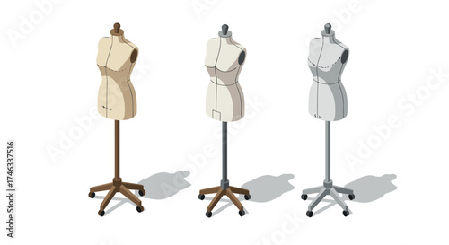 Set of three isometric dress forms on stands with shadows
