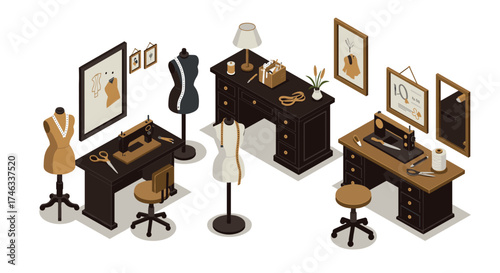 Isometric tailor workshop with sewing machines and dress forms in vintage style