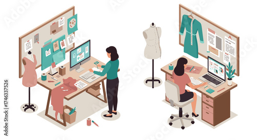 Fashion designers working on computers in modern workspace isometric art