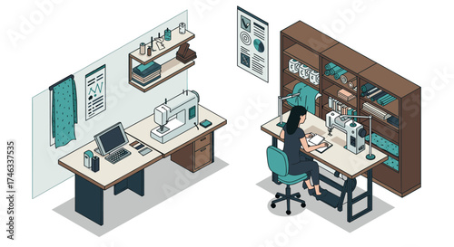 Creative sewing workshop with machines and fabric shelves in isometric layout