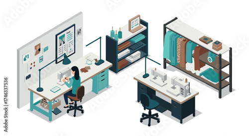 Home sewing studio isometric view with sewing machines and organizing furniture