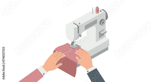 Isometric sewing machine with hands stitching fabric in minimalist style
