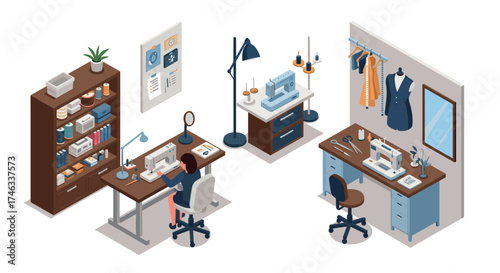 Isometric sewing studio workspace with tailoring tools and accessories