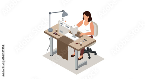 Seamstress working at sewing machine in modern isometric workspace
