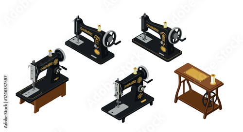 Vintage sewing machines collection with detailed isometric design for craft and fashion projects