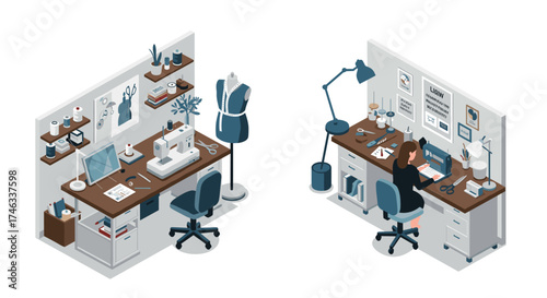 Creative workspace with sewing equipment and office desk in isometric style
