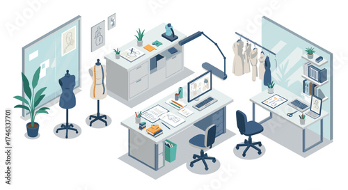 Modern fashion studio workspace with designer tools in isometric view