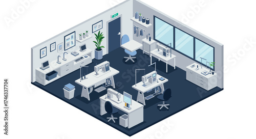 Modern office interior design in isometric style with furniture and technology