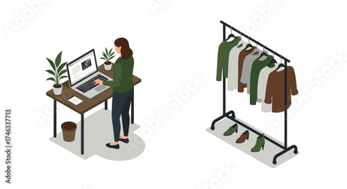 Isometric home office with apparel rack setup