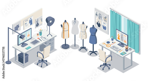 Modern fashion design studio workspace with sewing equipment and mannequins