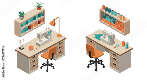 Isometric sewing workspace with machines and colorful threads