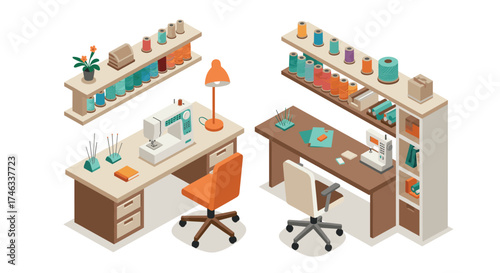 Isometric home sewing room with sewing machines and yarn shelves