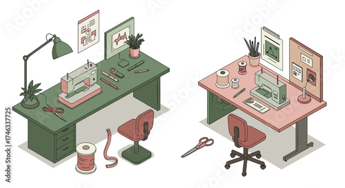 Isometric sewing studios: creative workspaces with sewing machines and supplies