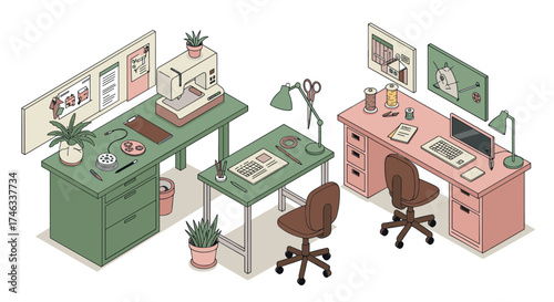 Creative sewing studio workspace with sewing machine and craft supplies in isometric art style
