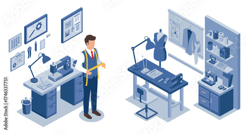 Tailor's workspace with sewing tools in isometric design