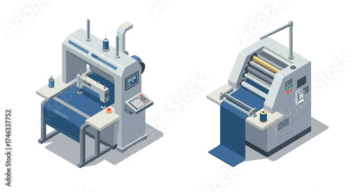 Isometric industrial sewing and textile machines with detailed design
