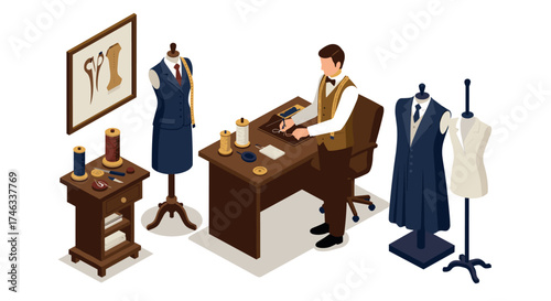 Tailor at work in isometric fashion studio with mannequins and sewing tools