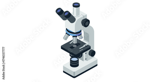 Isometric microscope with detailed components in scientific laboratory setting