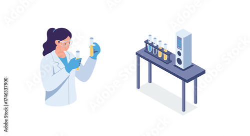 Scientist analyzing test tubes in a modern lab with isometric equipment