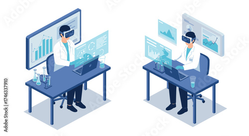 Scientists using augmented reality in laboratory for data analysis