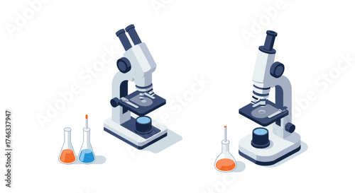 Isometric laboratory microscope with test tubes on white background