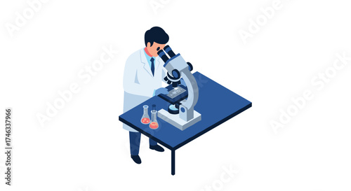 Scientist using microscope in laboratory setting isometric style