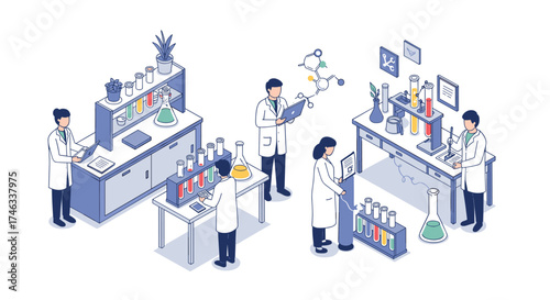 Scientists conducting experiments in a modern isometric science laboratory