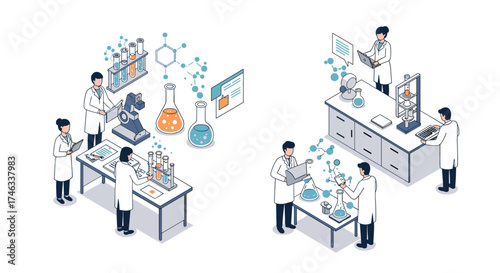 Isometric laboratory scene with scientists conducting experiments and analyzing data