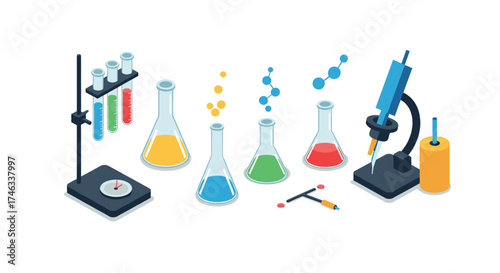 Isometric lab equipment with colorful liquids and microscope for science education