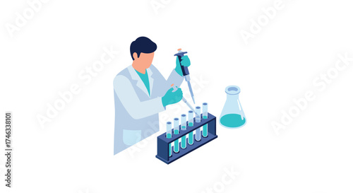 Scientist conducting laboratory research in modern isometric style