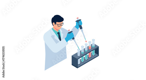 Scientist conducting laboratory experiment with pipette in isometric style