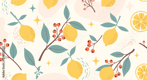 A cheerful pattern featuring lemons and berries with subtle starbursts.