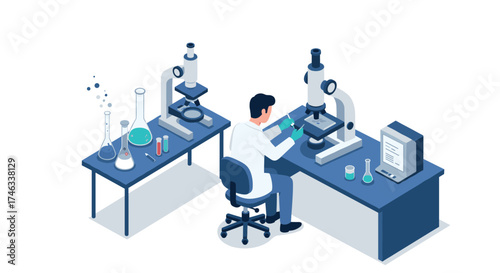 Scientist analyzing samples in modern laboratory with microscopes and equipment