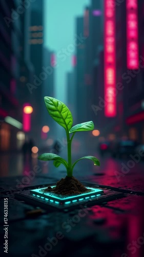 Technology meets nature in a vibrant cityscape: a green plant, a sprout, emerges from a circuit board.
