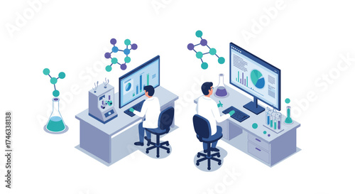 Isometric scientists analyzing data in lab with digital tools and molecular models