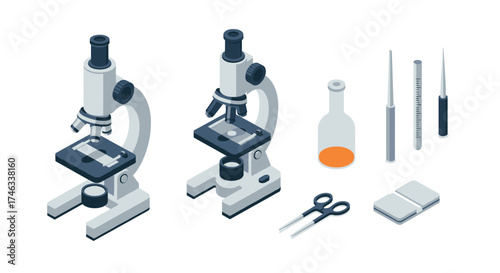 Isometric microscope lab equipment with tools and glassware in scientific setting