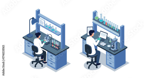Isometric science lab: researchers working with equipment and chemicals