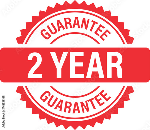 2 Year Guarantee Seal with Starburst Edges and Bold Text, A vibrant red guarantee badge
