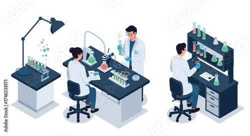 Scientists in modern laboratory conducting experiments and research with equipment and instruments