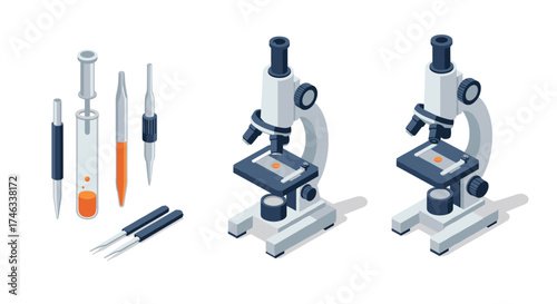 Isometric laboratory equipment including microscopes and test tubes for scientific research