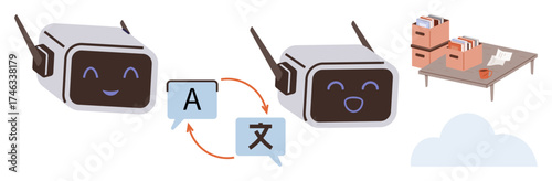 Two friendly robots exchanging dialogue with translation icons, files on table nearby. Ideal for technology, AI interaction, translation, communication, automation, innovation learning concepts. A