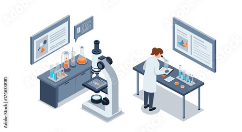Isometric science lab with scientist analyzing samples and modern equipment